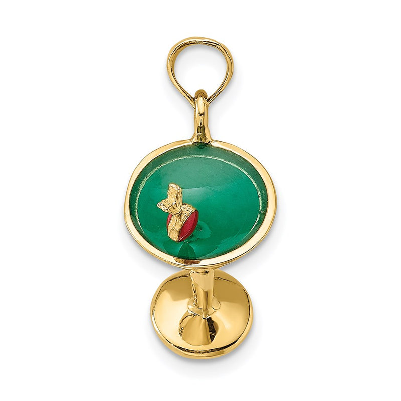 14k Yellow Gold 3-D Green Enamel  Martini w/Cherry Charm