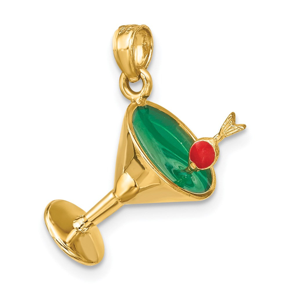 14k Yellow Gold 3-D Green Enamel  Martini w/Cherry Charm