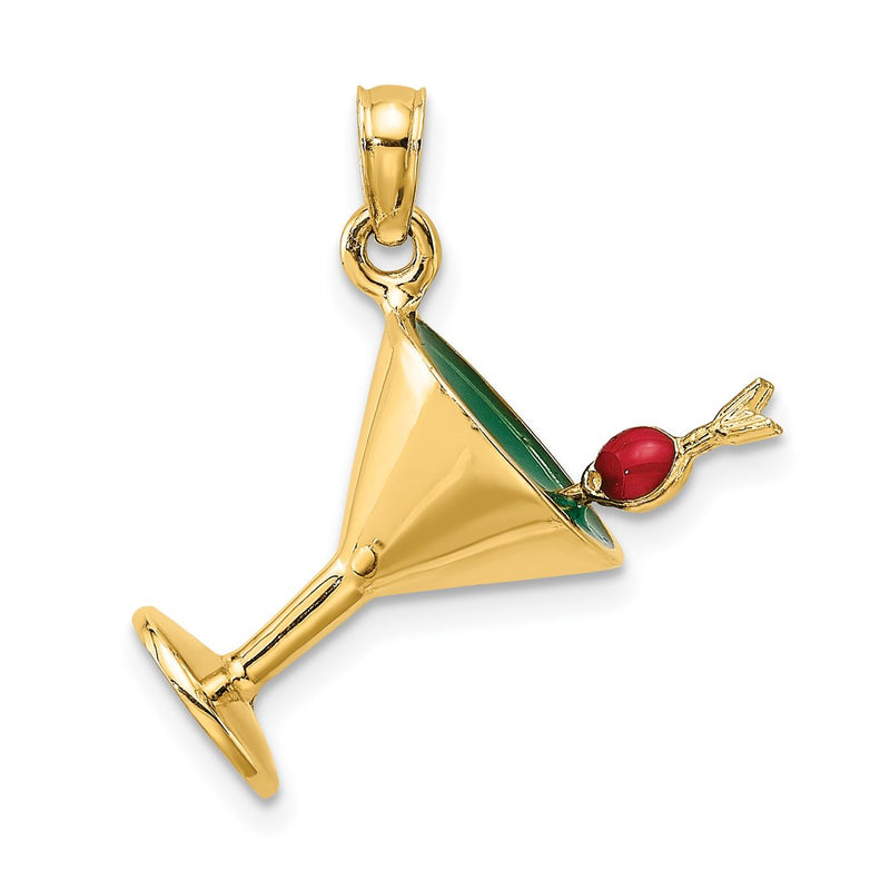 14k Yellow Gold 3-D Green Enamel  Martini w/Cherry Charm