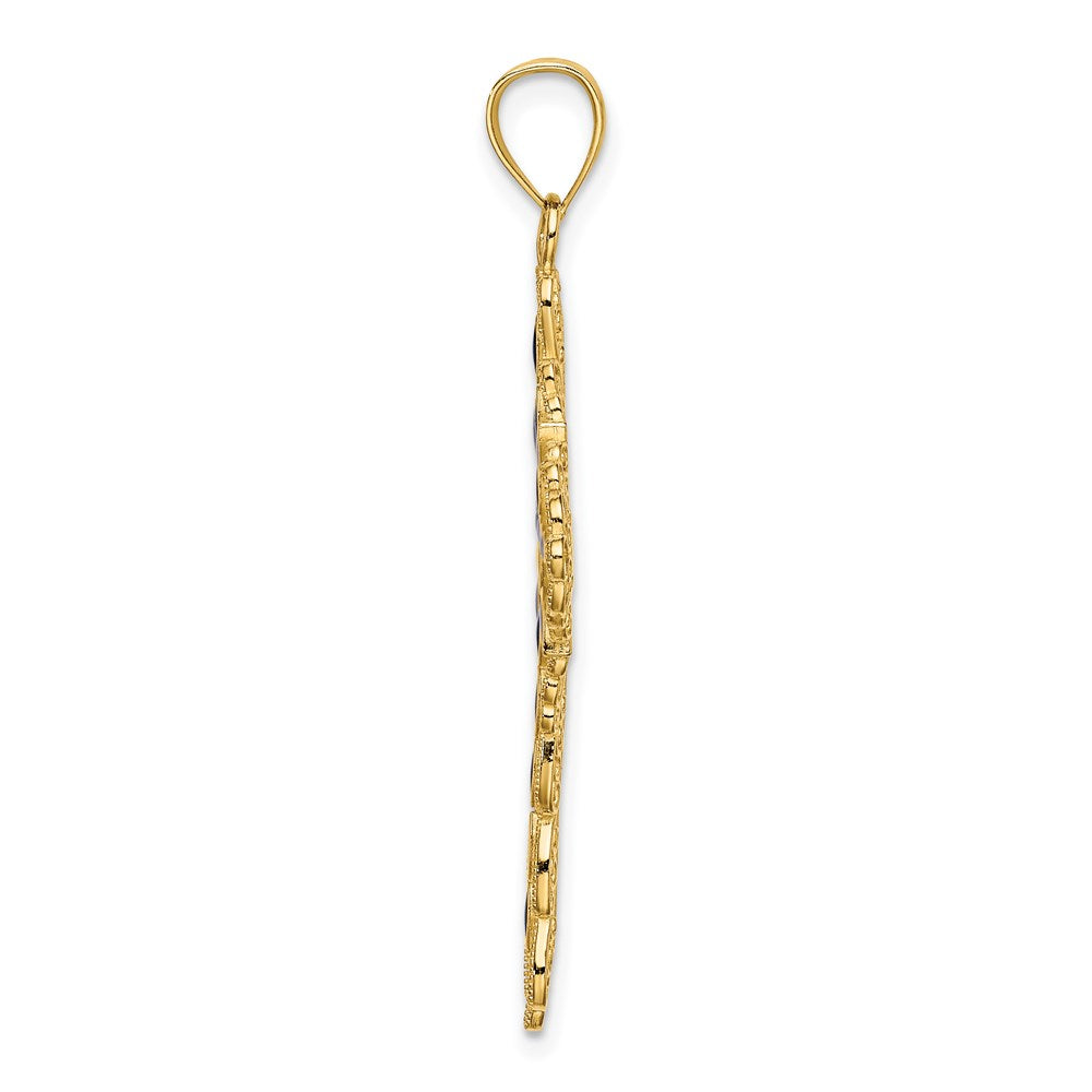 14k Yellow Gold Blue Enamel Filigree Cross Charm