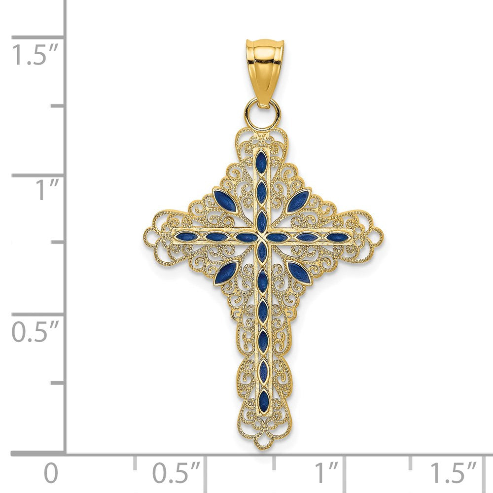 14k Yellow Gold Blue Enamel Filigree Cross Charm