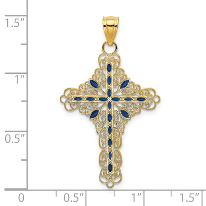 14k Yellow Gold Blue Enamel Filigree Cross Charm