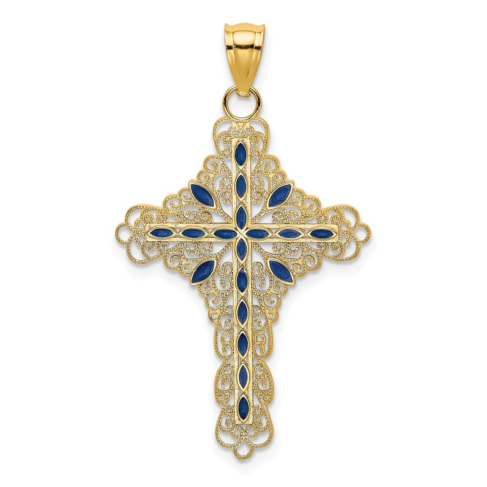 14k Yellow Gold Blue Enamel Filigree Cross Charm