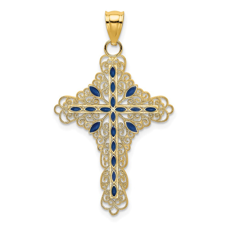 14k Yellow Gold Blue Enamel Filigree Cross Charm