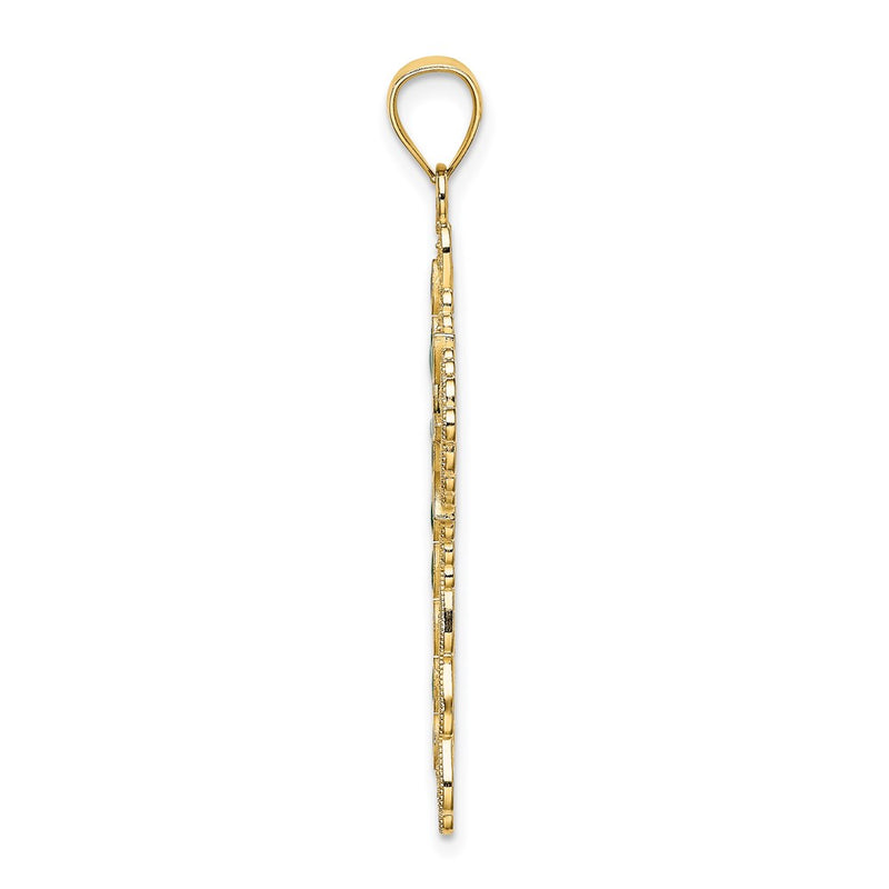 14k Yellow Gold Green Enamel Filigree Cross Charm