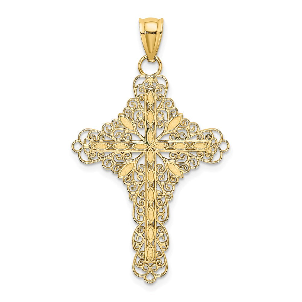14k Yellow Gold Green Enamel Filigree Cross Charm