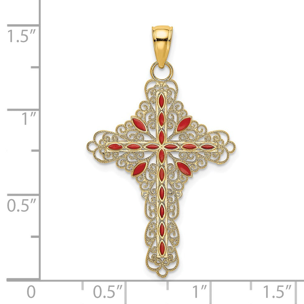14k Yellow Gold Red Enamel Filigree Cross Charm