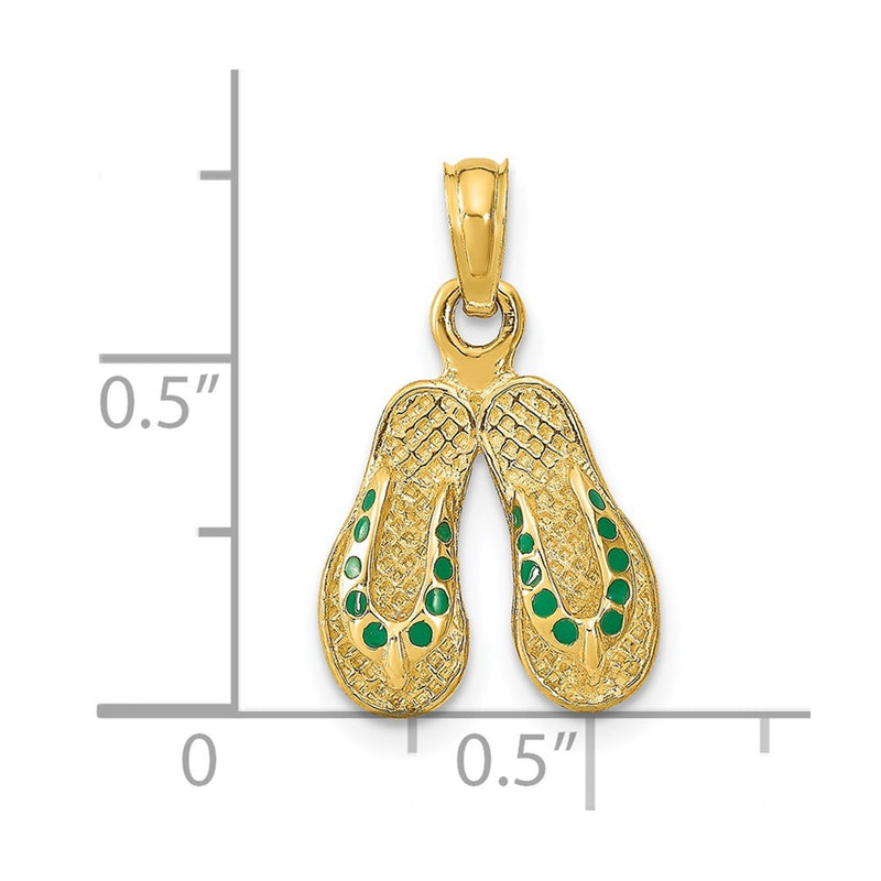 14k Yellow Gold  3D W/ Green Enamel Double Flip-Flop Charm