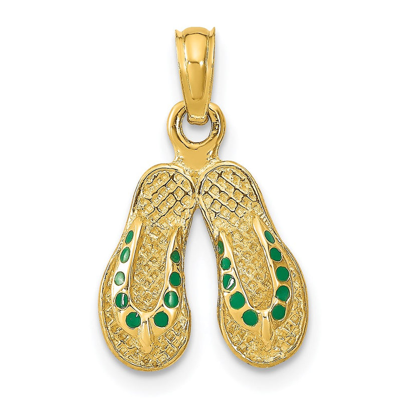 14k Yellow Gold  3D W/ Green Enamel Double Flip-Flop Charm