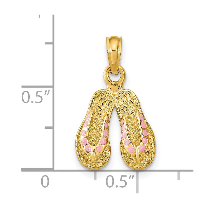14k Yellow Gold  3D W/ Pink Enamel Double Flip-Flop Charm