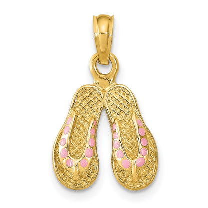 14k Yellow Gold  3D W/ Pink Enamel Double Flip-Flop Charm