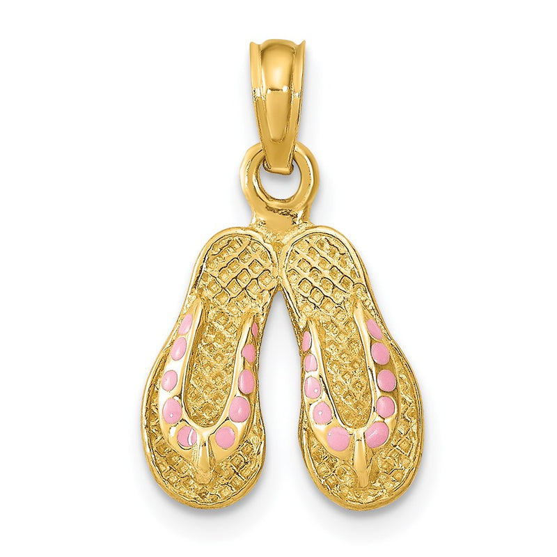 14k Yellow Gold  3D W/ Pink Enamel Double Flip-Flop Charm