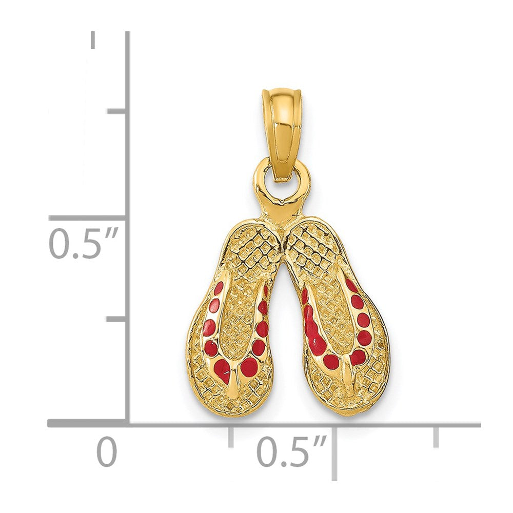 14k Yellow Gold  3D W/ Red Enamel Double Flip-Flop Charm