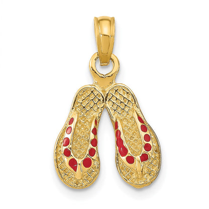 14k Yellow Gold  3D W/ Red Enamel Double Flip-Flop Charm