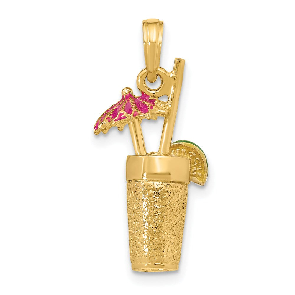 14k Yellow Gold 3-D Cocktail Drink w/Fuschia Enamel Umbrella and Lime Charm