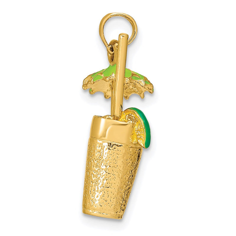 14k Yellow Gold 3-D Cocktail Drink w/Green Enamel Umbrella and Lime Charm