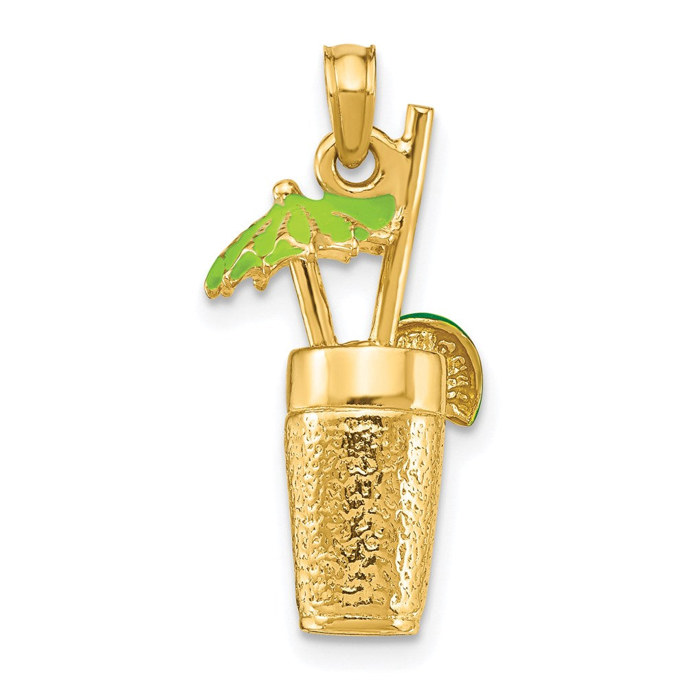14k Yellow Gold 3-D Cocktail Drink w/Green Enamel Umbrella and Lime Charm