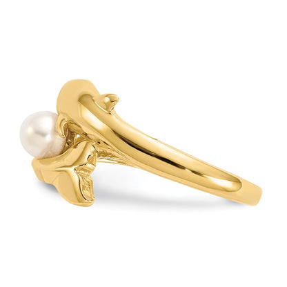 14K Yellow Gold Polished Dolphin w/FW Cultured Pearl Ring