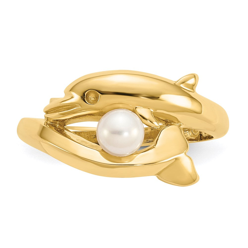 14K Yellow Gold Polished Dolphin w/FW Cultured Pearl Ring