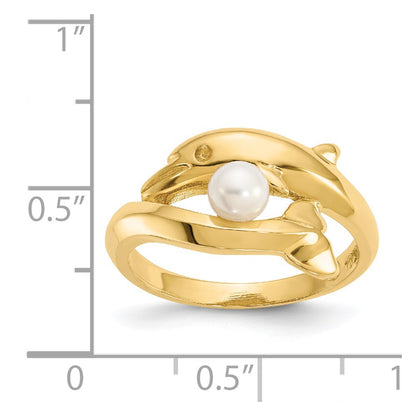 14K Yellow Gold Polished Dolphin w/FW Cultured Pearl Ring