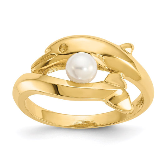 14K Yellow Gold Polished Dolphin w/FW Cultured Pearl Ring