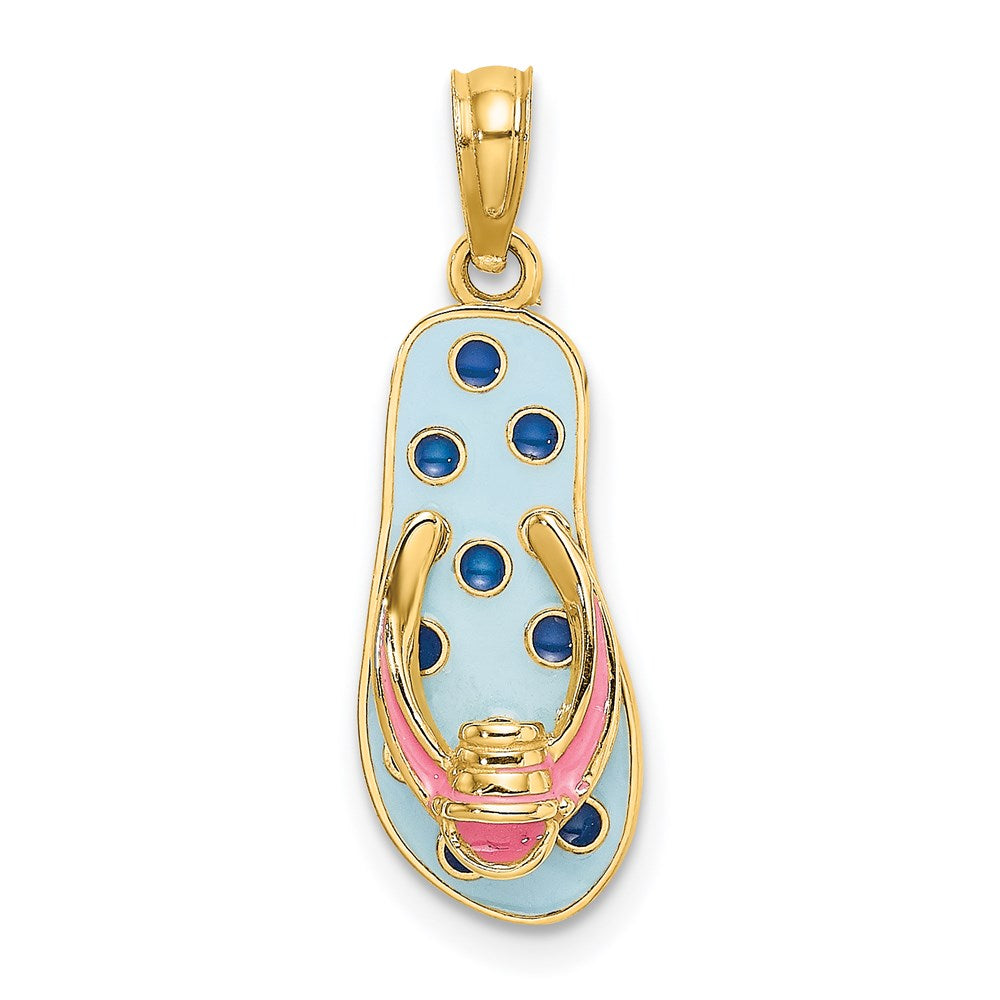 14k Yellow Gold 3D Enamel Pail On Blue Polka-Dot Flip-Flop Charm