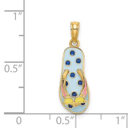 14k Yellow Gold 3D Enamel Sun Glasses On Blue Polka-Dot Flip-Flop Charm