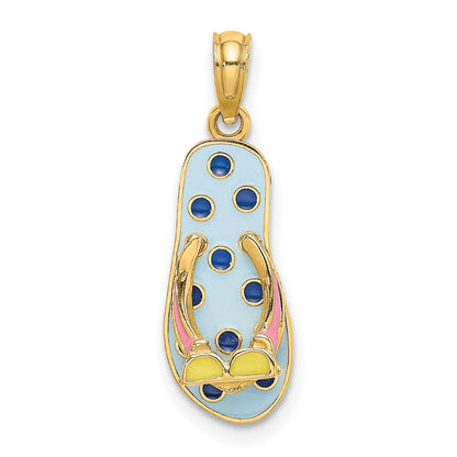 14k Yellow Gold 3D Enamel Sun Glasses On Blue Polka-Dot Flip-Flop Charm
