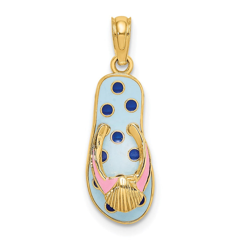 14k Yellow Gold 3D Enamel Shell On Blue Polka-Dot Flip-Flop Charm