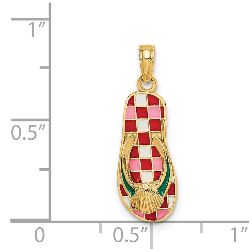 14k Yellow Gold 3D Enamel Shell On Red Checkered Flip-Flop Charm