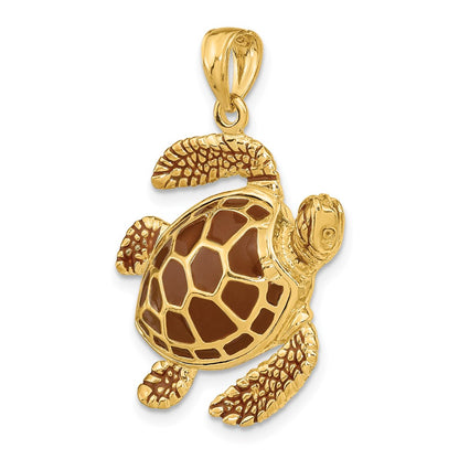 14k Yellow Gold 3-D Brown Enamel Large Sea Turtle Charm
