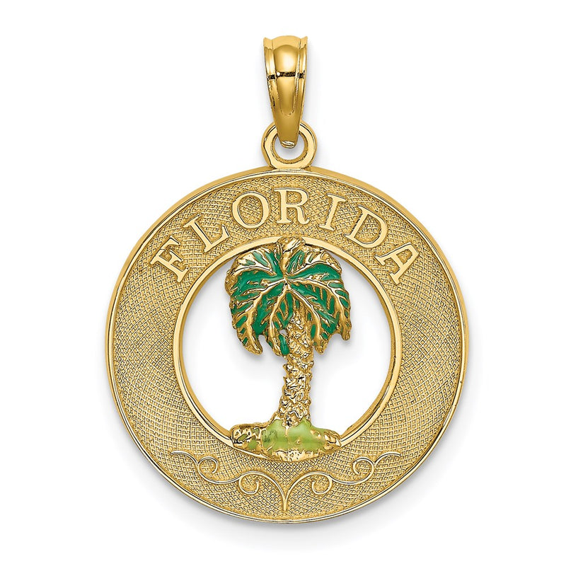 14k Yellow Gold FLORIDA Enamel Palm Tree Circle Charm
