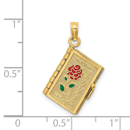 14k Yellow Gold Enameled 3D Moveable LOVE Flower Book Pendant