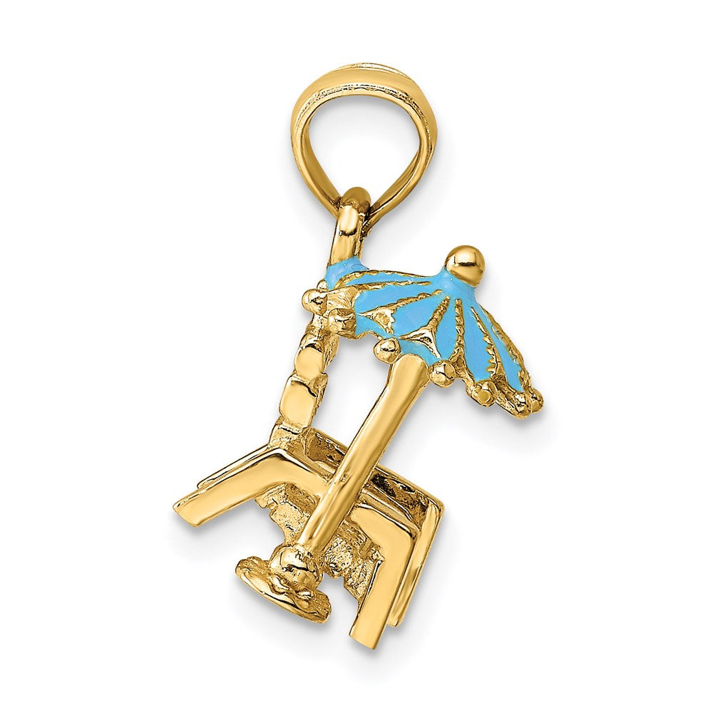 14k Yellow Gold 3-D Beach Chair w/Aqua Enameled Umbrella Charm