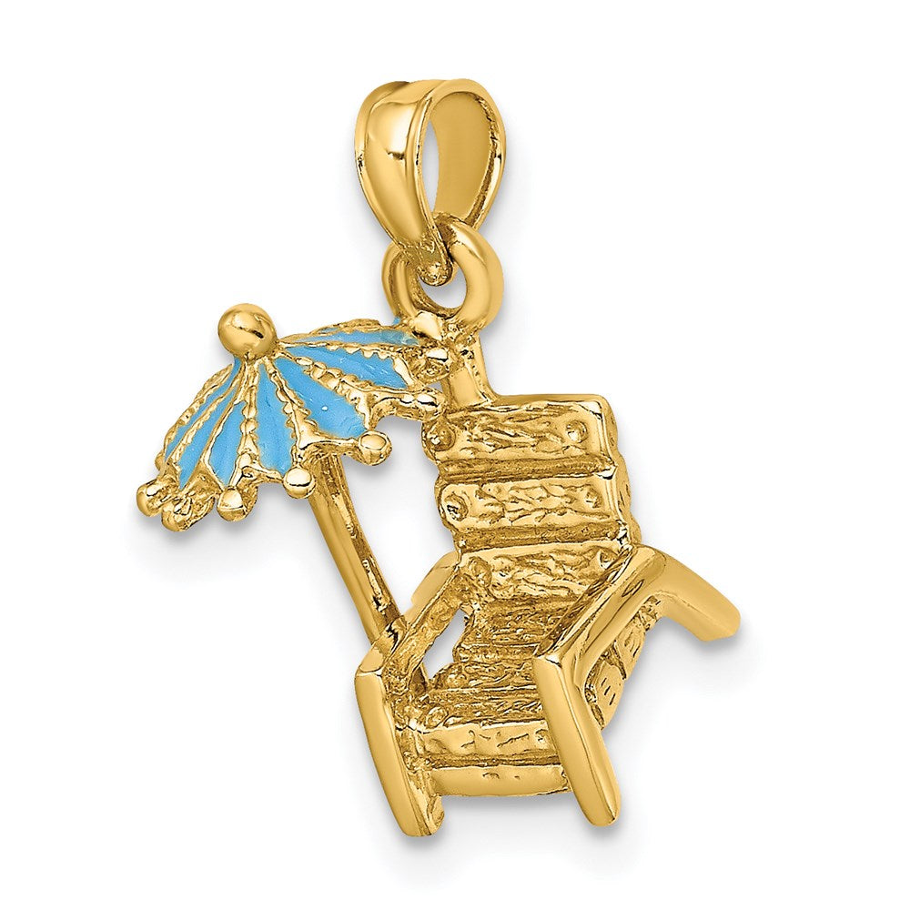 14k Yellow Gold 3-D Beach Chair w/Aqua Enameled Umbrella Charm