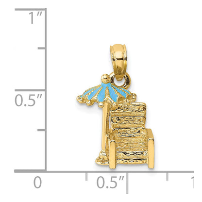 14k Yellow Gold 3-D Beach Chair w/Aqua Enameled Umbrella Charm