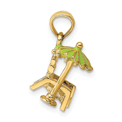 14k Yellow Gold 3-D Beach Chair w/Green Enameled Umbrella Charm
