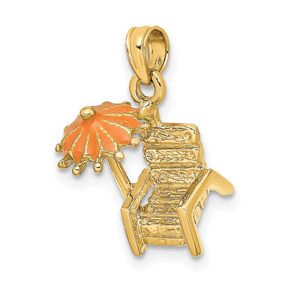 14k Yellow Gold 3-D Beach Chair w/Orange Enameled Umbrella Charm