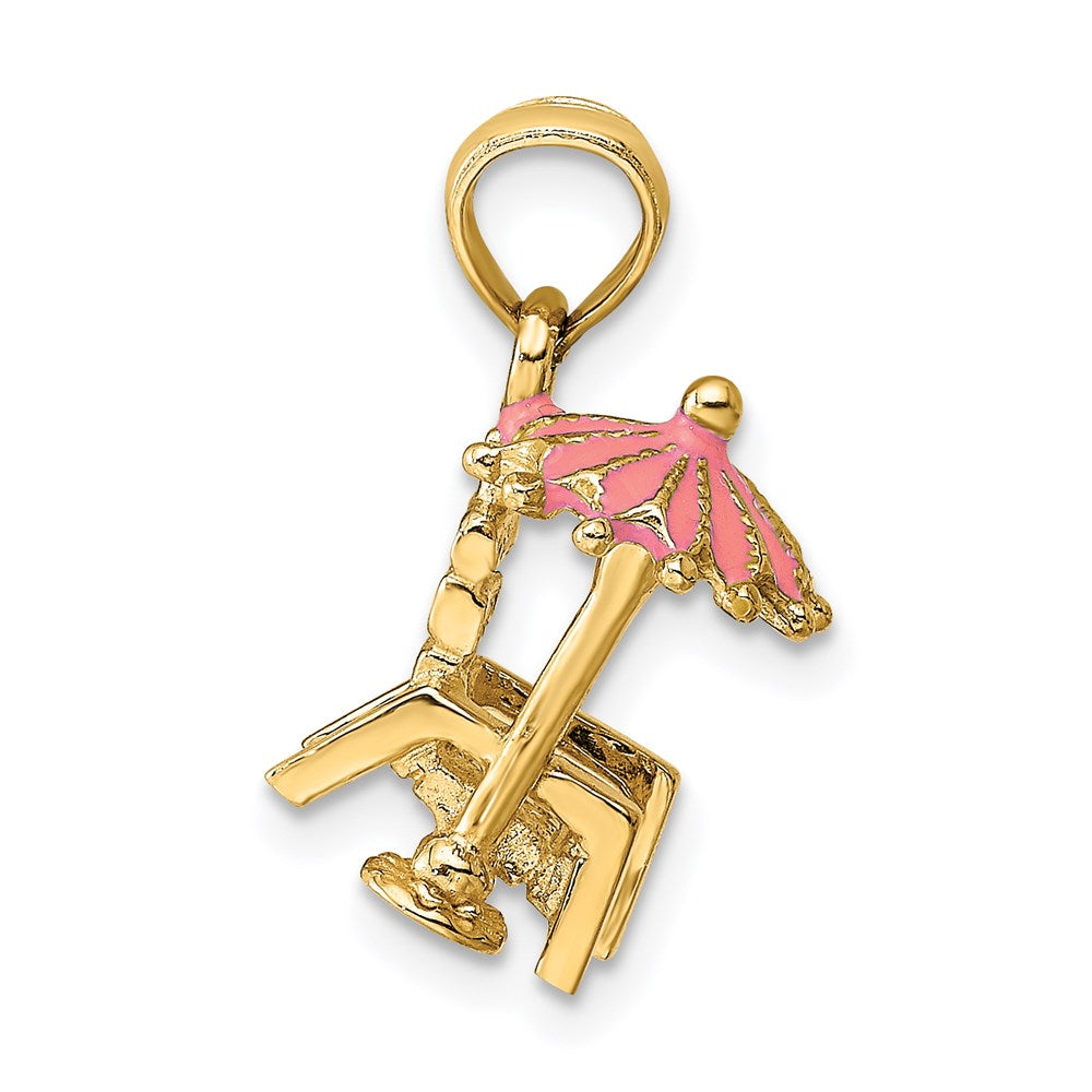 14k Yellow Gold 3-D Pink Enamel Beach Chair and Umbrella Charm