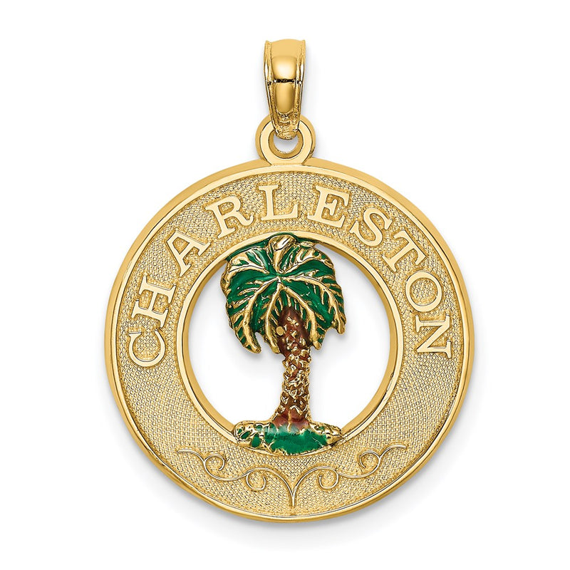 14k Yellow Gold Enamel Palm Tree CHARLESTON Circle Charm