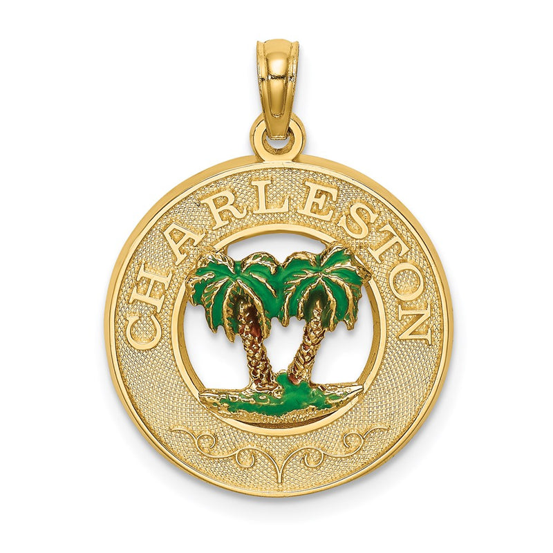 14k Yellow Gold Enamel Palm Trees CHARLESTON Circle Charm