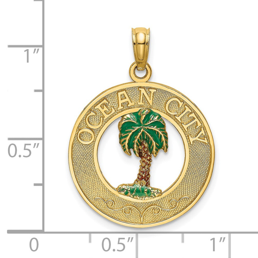 14k Yellow Gold Enameled Palm Tree OCEAN CITY Circle Charm