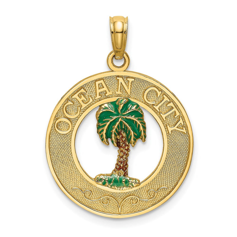 14k Yellow Gold Enameled Palm Tree OCEAN CITY Circle Charm