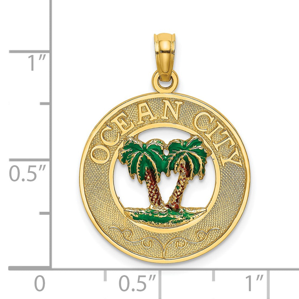 14k Yellow Gold Enameled Palm Trees OCEAN CITY Circle Charm