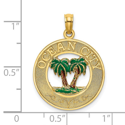 14k Yellow Gold Enameled Palm Trees OCEAN CITY Circle Charm