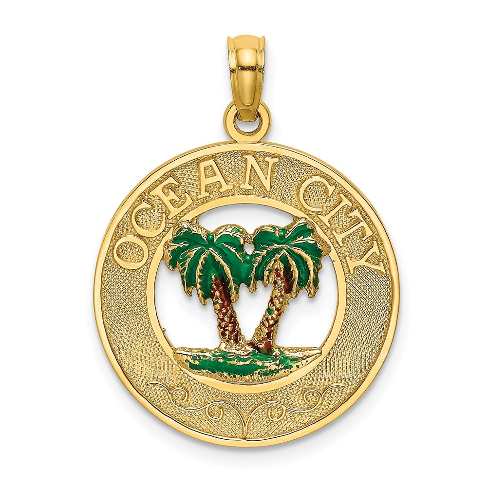 14k Yellow Gold Enameled Palm Trees OCEAN CITY Circle Charm