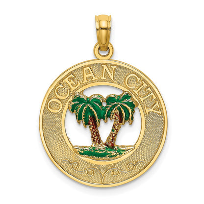 14k Yellow Gold Enameled Palm Trees OCEAN CITY Circle Charm