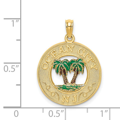 14k Yellow Gold Enamel Palm Trees OCEAN CITYNJ Circle Charm