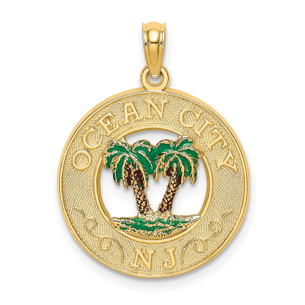 14k Yellow Gold Enamel Palm Trees OCEAN CITYNJ Circle Charm