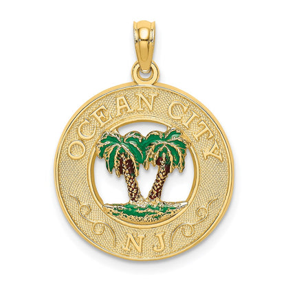 14k Yellow Gold Enamel Palm Trees OCEAN CITYNJ Circle Charm